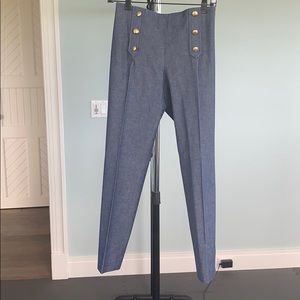 blue jean trousers wig gold button accents